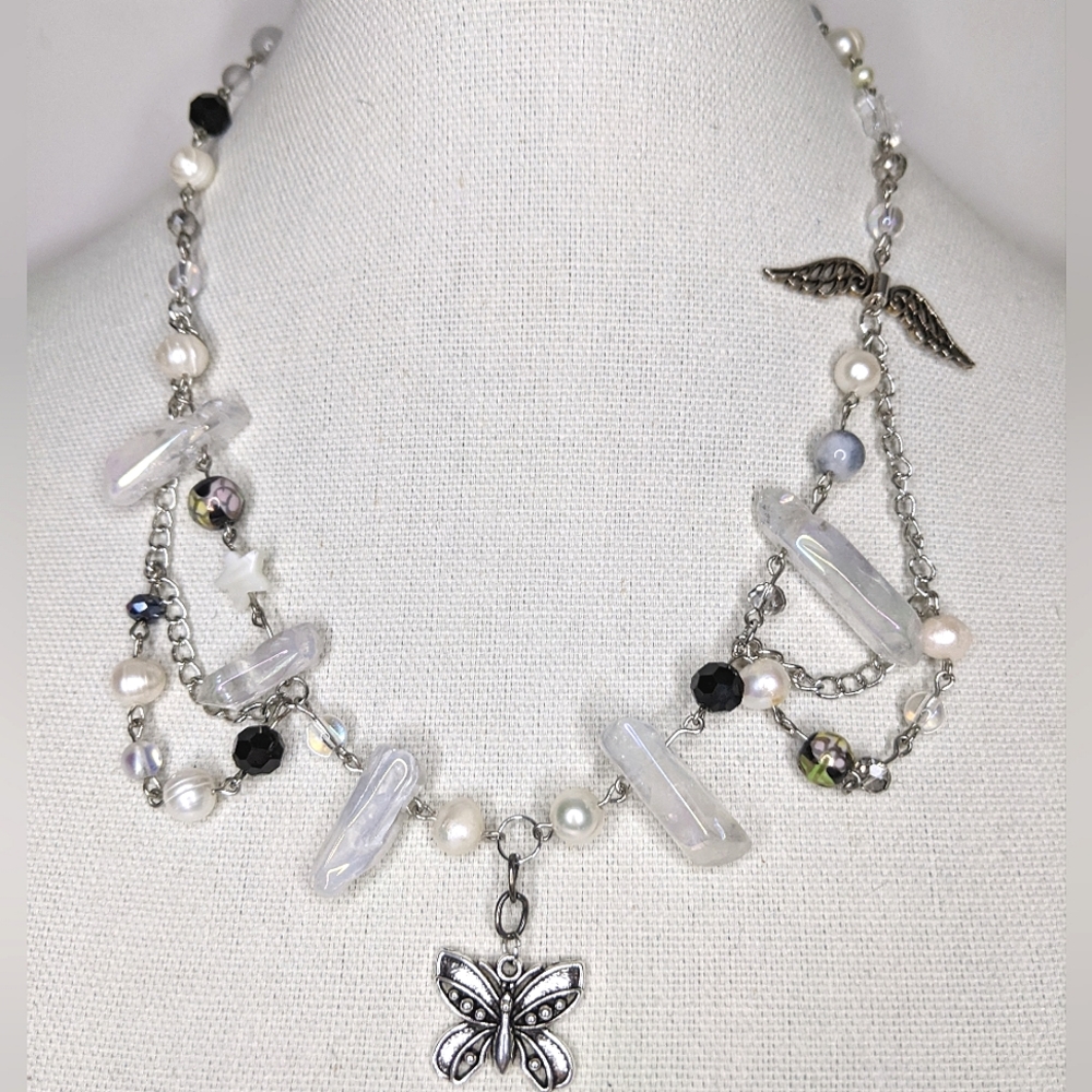 Freshwater Pearl necklace with black glass and crystal beads. Handmade by me.